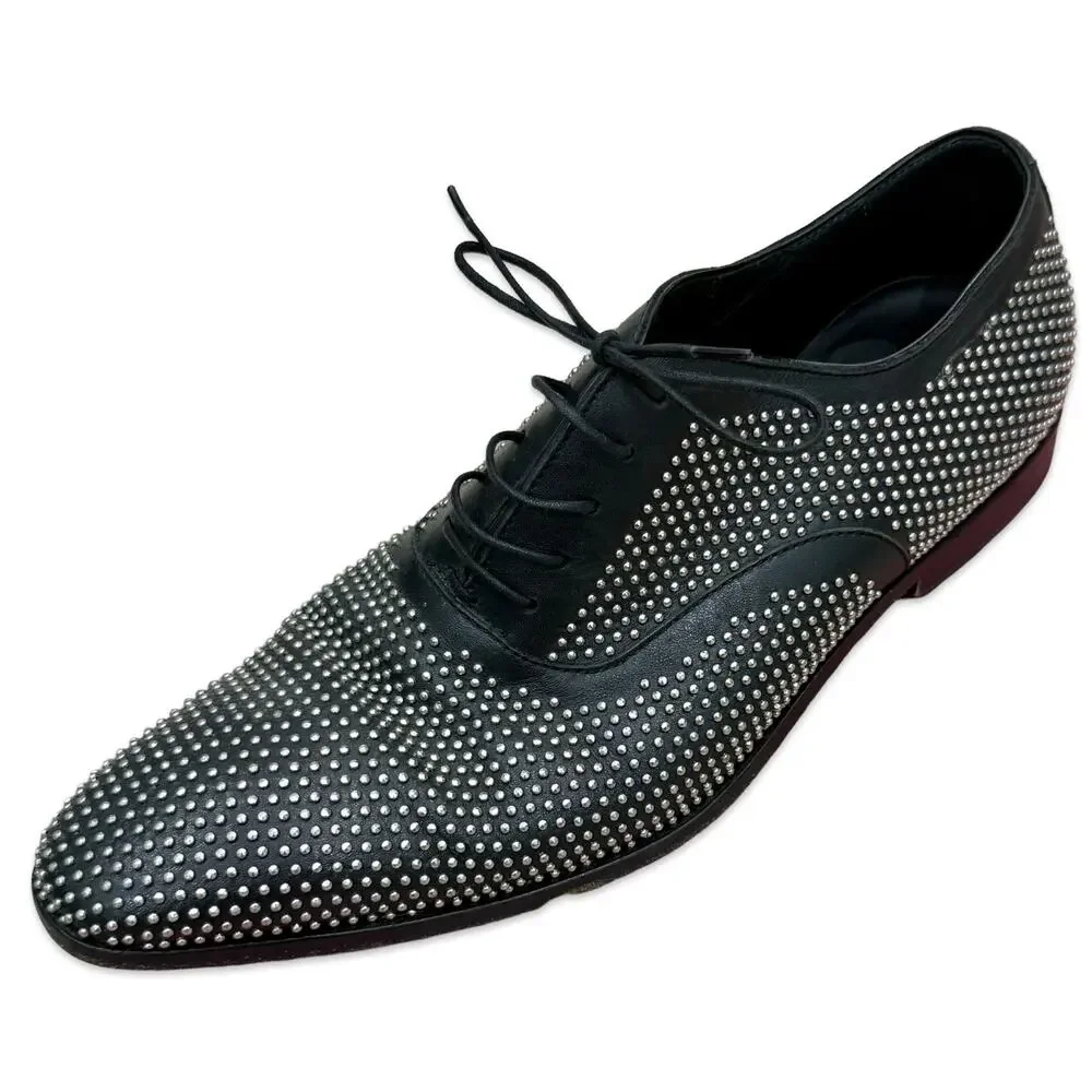 Hugo Boss Leather Black Silver Studded Lace Up Oxford Windsor Dress Shoes Sz 6.5
